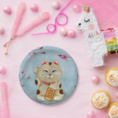 水彩招き猫が開花桜 ペーパープレート (パーティー)