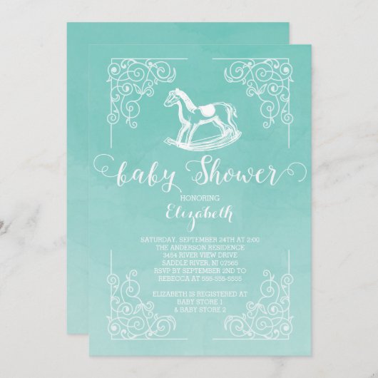 水彩揺動馬赤ちゃんシャワー招待状 招待状 (正面/裏面)