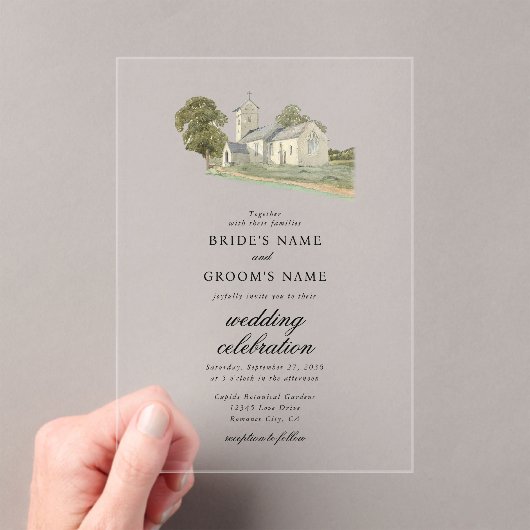 水彩教会モノグラ伝統的ム結婚ズ アクリル招待状 (インサイチュ (ポータブル))