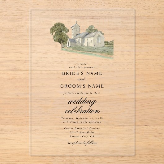 水彩教会モノグラ伝統的ム結婚ズ アクリル招待状 (正面)