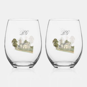 水彩教会モノグラ伝統的ム結婚ズ ステムなしワイングラス