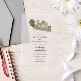 水彩教会モノグラ伝統的ム結婚ズ ベラム紙招待状