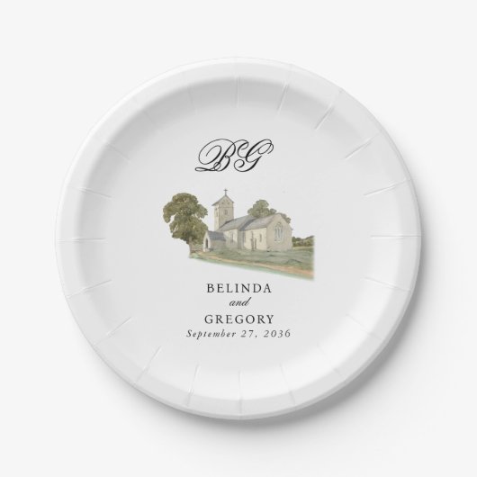 水彩教会モノグラ伝統的ム結婚ズ ペーパープレート (正面)