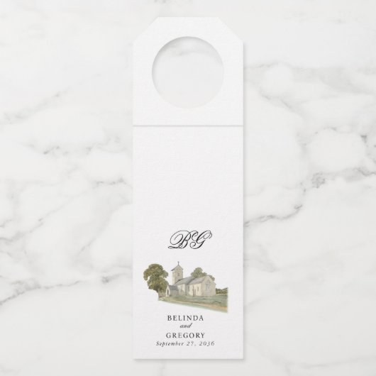 水彩教会モノグラ伝統的ム結婚ズ ボトルネックタグ (正面)