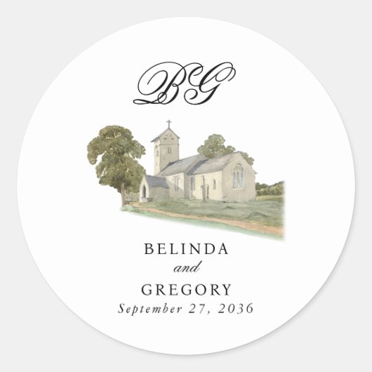 水彩教会モノグラ伝統的ム結婚ズ ラウンドシール (正面)