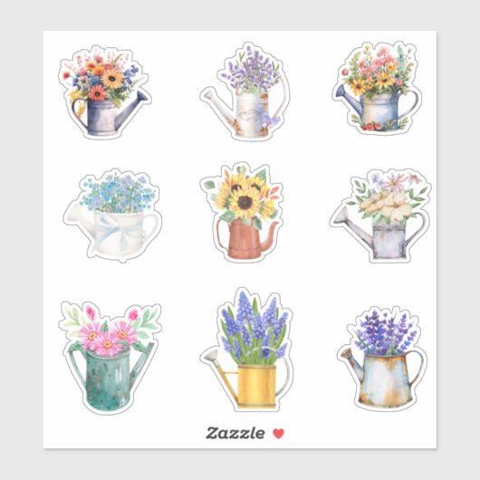 水彩散水缶と花 シール (シート)