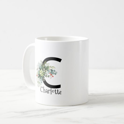 水彩文字エレガント花白コーヒーマグ コーヒーマグカップ (正面左)
