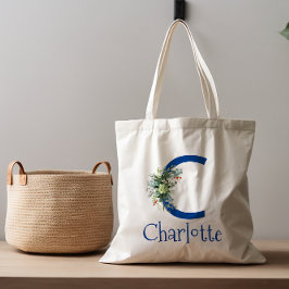 水彩文字エレガント花白青 トートバッグ