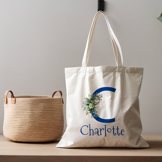 水彩文字エレガント花白青 トートバッグ