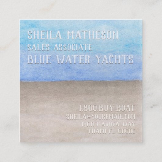 水彩文字オーバーブルー&タンシービーチテーマ スクエア名刺 (裏面)