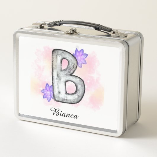水彩文字B紫色の花 メタルランチボックス (正面)