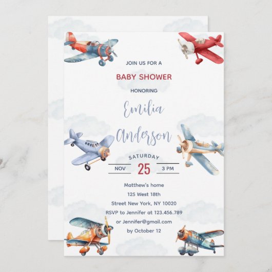 水彩旅行機雲赤ちゃんシャワー 招待状 (正面/裏面)