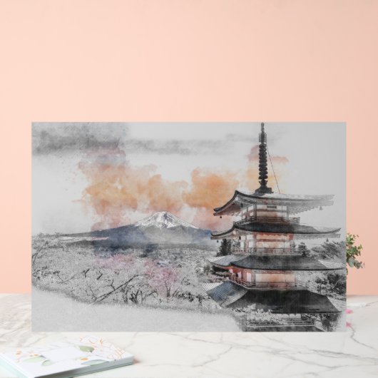 水彩日本のお寺と富士山  アクリルサイン (ウェディング)