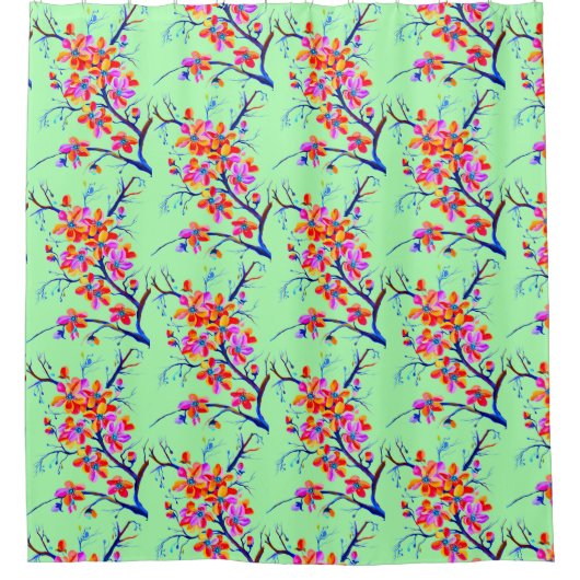 水彩日本の桜さくらんぼツリーのアートワーク シャワーカーテン (正面)