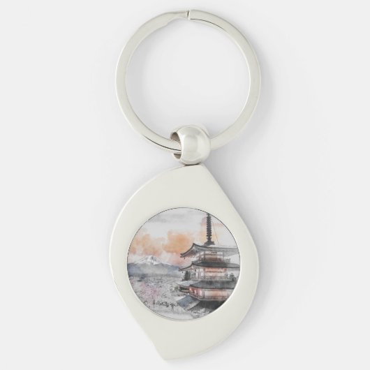 水彩日本塔と富士山 キーホルダー (正面)
