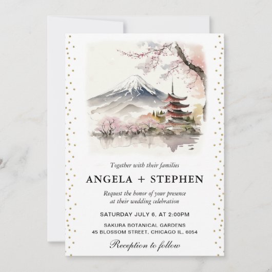 水彩日本富士山と五重塔の美しい結婚式 招待状 (正面)