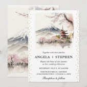水彩日本富士山と五重塔の美しい結婚式 招待状 (正面/裏面)