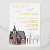 水彩旧教会の雪の冬の結婚式 箔招待状 (正面)