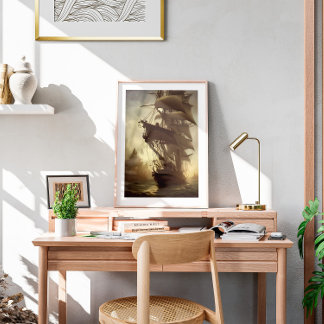 水彩旧海賊船壁画 ポスター