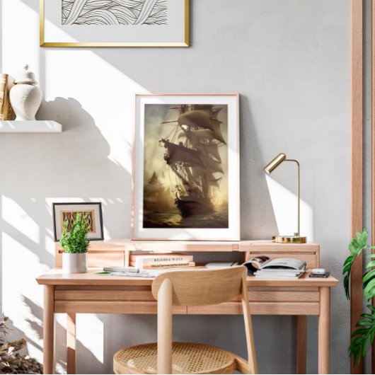 水彩旧海賊船壁画 ポスター