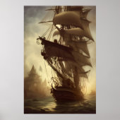 水彩旧海賊船壁画 ポスター (正面)