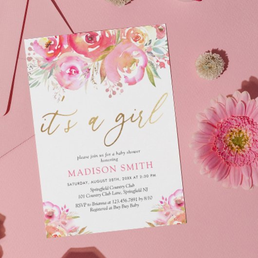水彩明るいピンクのフローラベビーガールシャワー 招待状