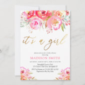 水彩明るいピンクのフローラベビーガールシャワー 招待状 (正面)