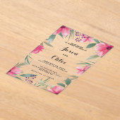 水彩明るいピンクの金ゴールド結婚フローラ アクリル招待状 (レイダウン)