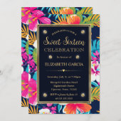 水彩明るい熱帯名門私立校風のの花Sweet 16 招待状 (正面/裏面)