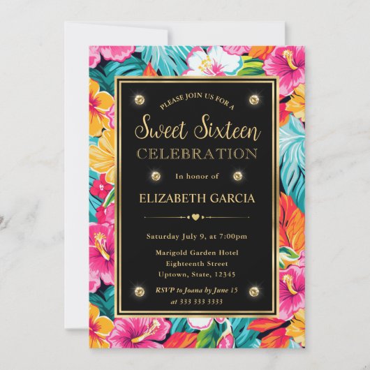 水彩明るい熱帯名門私立校風のの花Sweet 16 招待状 (正面)