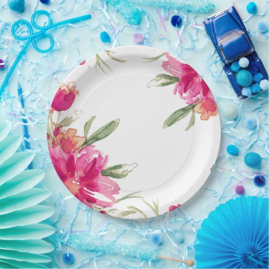 水彩明るい赤紫色グリーンフローラ卒業パーティー ペーパープレート (パーティー)