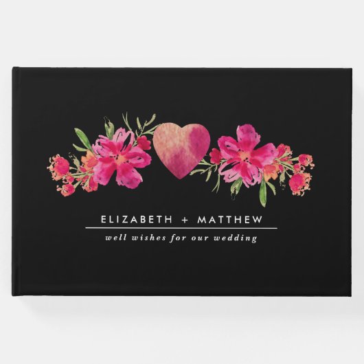 水彩明るい赤紫色フローラブラック結婚ズ ゲストブック (正面)