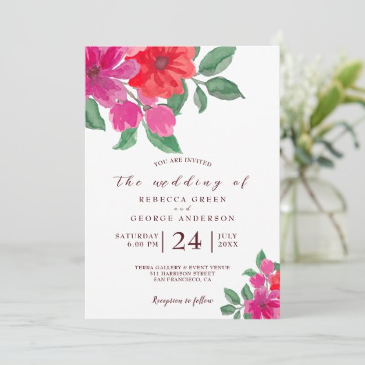 水彩明るい赤紫色フローラ結婚式招待状 招待状 (スタンド正面)