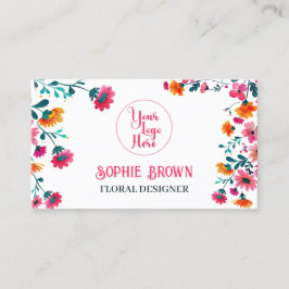 水彩明るい赤紫色花フローラQRコード 名刺