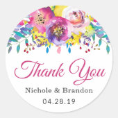 水彩明るい赤紫色金ゴールドフローラ結婚式の引き出物 ラウンドシール (正面)