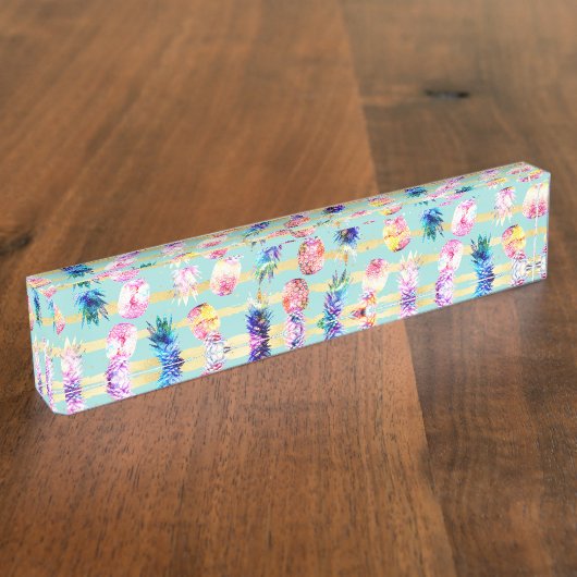 水彩星雲パイナップル金ゴールドストライプデザイン デスクネームプレート (側面)