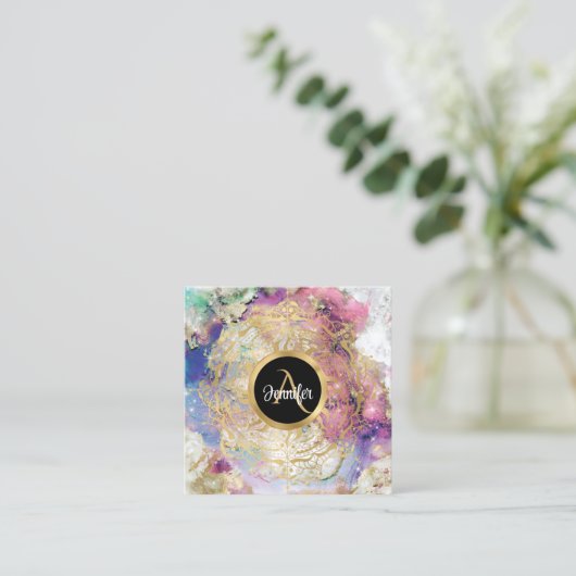 水彩星雲金ゴールドモダンモノグラムの スクエア名刺 (スタンド正面)