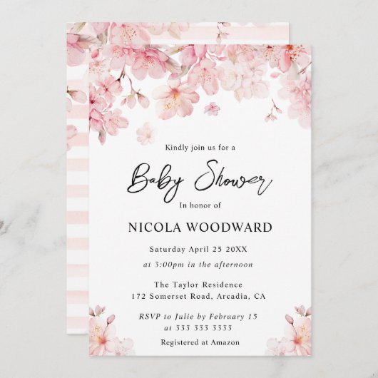 水彩春さくらんぼ花咲き赤ちゃんシャワー 招待状 (正面/裏面)