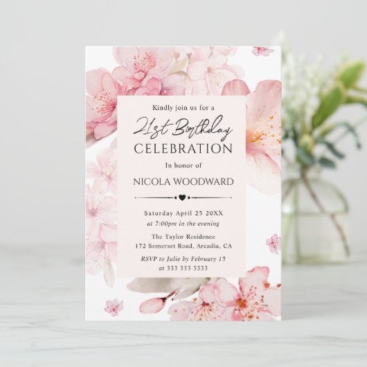 水彩春さくらんぼ花21歳の誕生日 招待状 (スタンド正面)