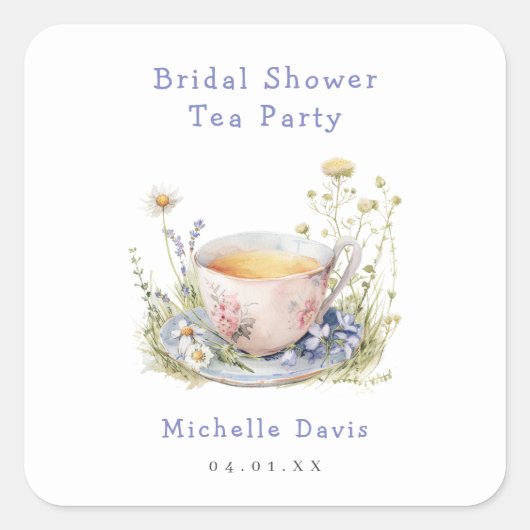 水彩春のブライダルシャワー・ティーパーティー スクエアシール (正面)