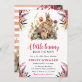 水彩春の花とウサギ赤ちゃんシャワー 招待状 (正面/裏面)