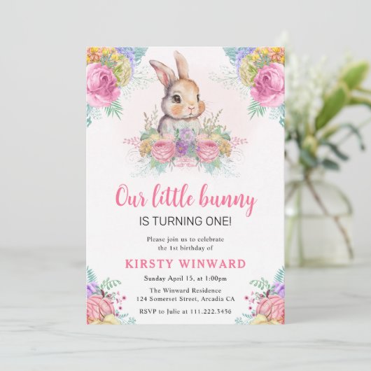 水彩春の花とウサギ1歳の誕生日 招待状 (スタンド正面)