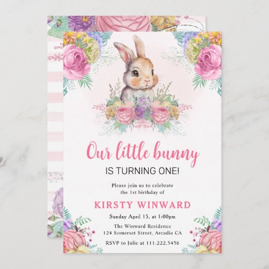 水彩春の花とウサギ1歳の誕生日 招待状 (正面/裏面)