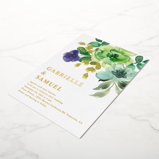 水彩春の花と緑結婚の金ゴールド 箔招待状 (回転した状態)