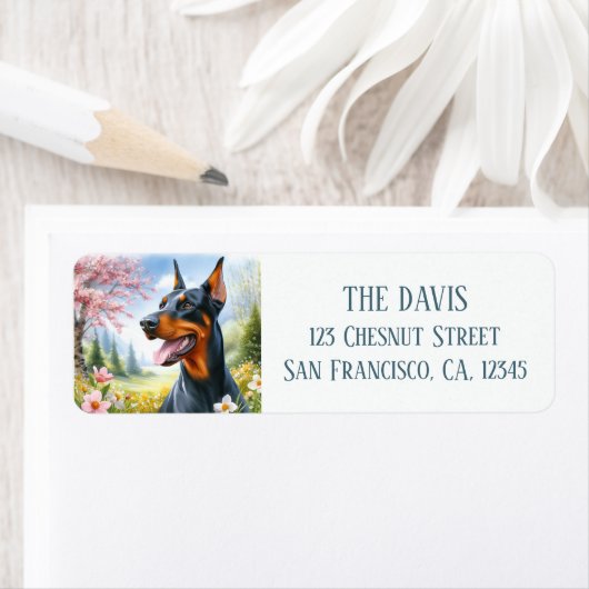 水彩春の花のフィールドDoberman - ラベル (インサイチュ)