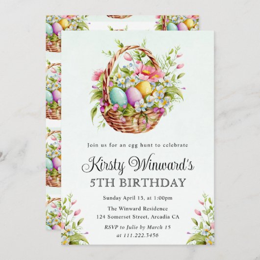 水彩春の花イースターバスケット誕生日 招待状 (正面/裏面)