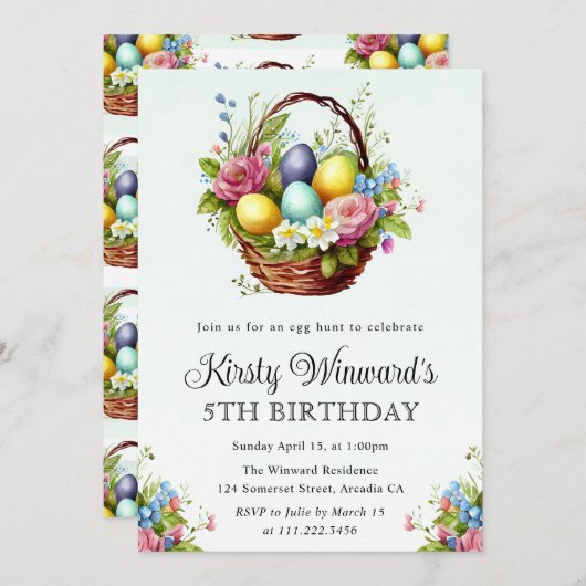 水彩春の花イースターバスケット誕生日 招待状 (正面/裏面)