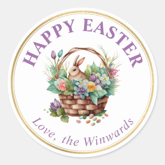 水彩春の花バスケットハッピーイースター ラウンドシール (正面)