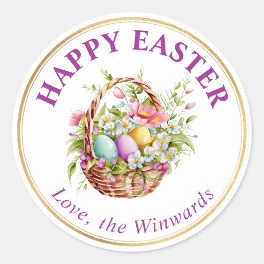 水彩春の花バスケットハッピーイースター ラウンドシール (正面)