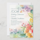 水彩春の花100誕生日 招待状 (正面)